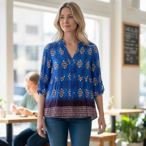 Maeve euc anthroplogie blue purple Woodland Walk boho print button up top blouse